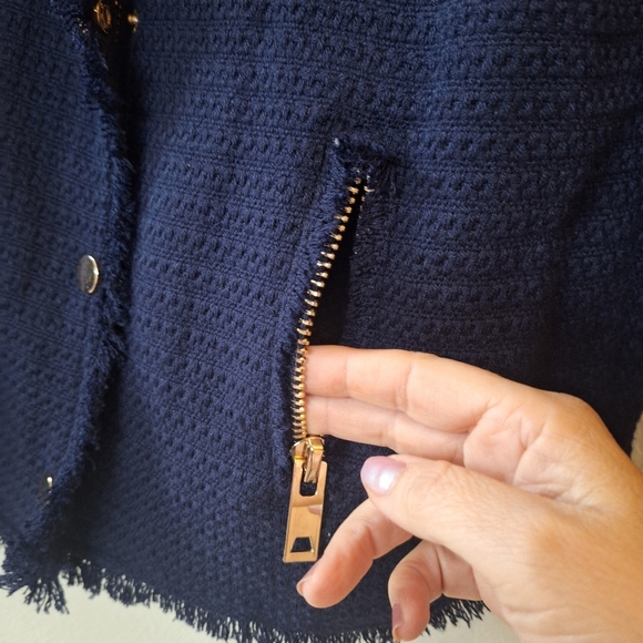 NWT One Third Navy Tweed Fringe Zip/Snap Collarless Jacket Womens size L - Picture 6 of 9